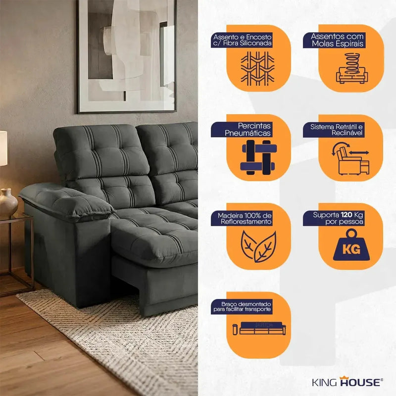 Sofá Retrátil Reclinável Atenas 2,30m Suede Velut Cinza Molas no Assento