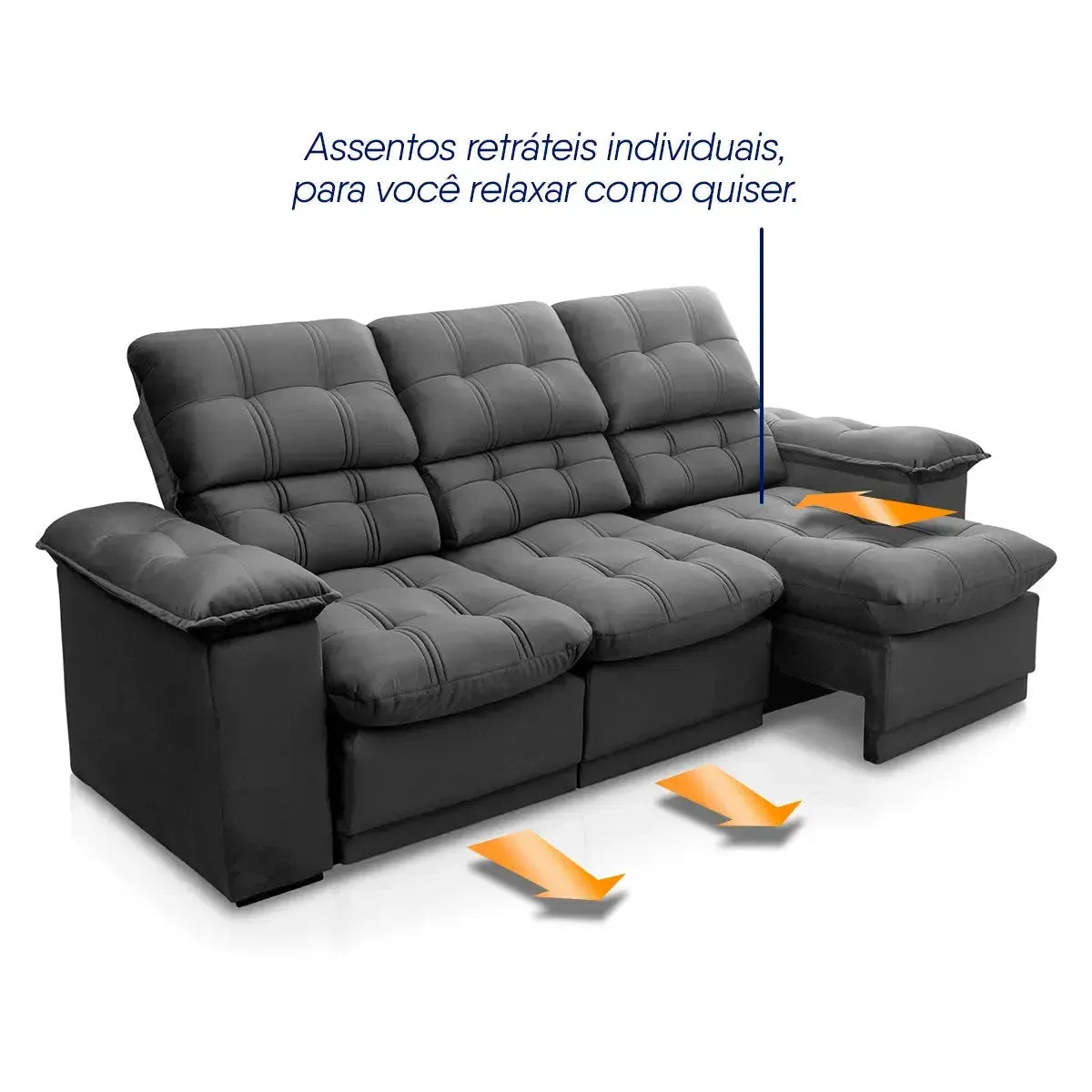 Sofá Retrátil Reclinável Atenas 2,30m Suede Velut Cinza Molas no Assento