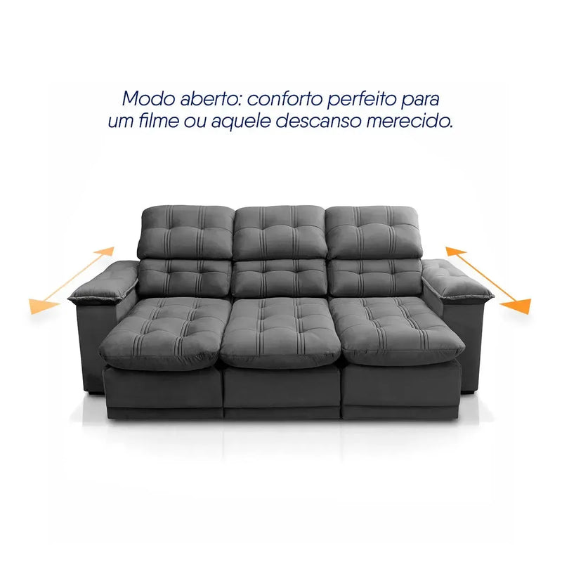 Sofá Retrátil Reclinável Atenas 2,30m Suede Velut Cinza Molas no Assento
