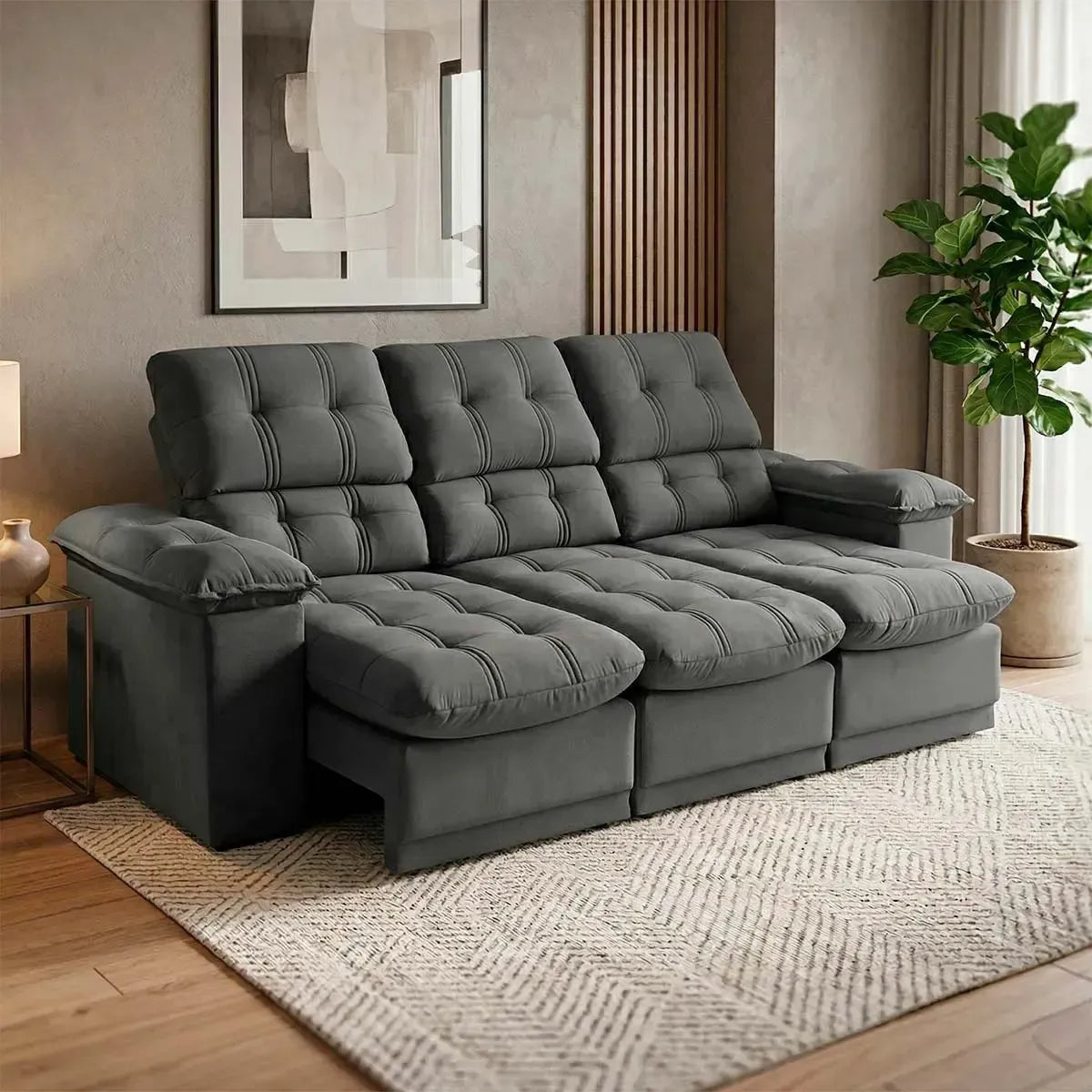 Sofá Retrátil Reclinável Atenas 2,30m Suede Velut Cinza Molas no Assento