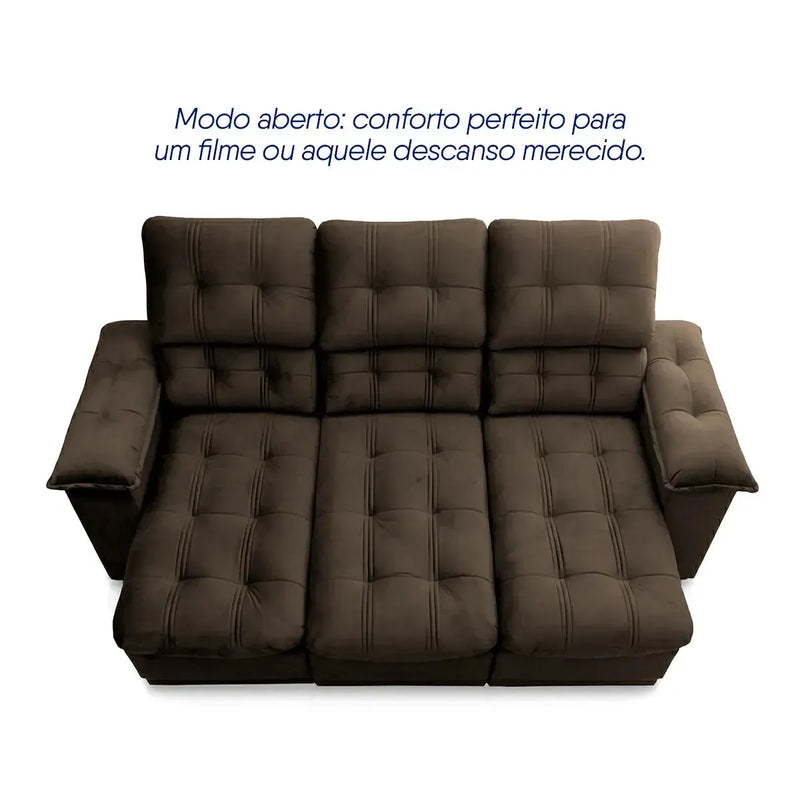Sofá Retrátil Reclinável Atenas 2,30m Suede Velut Marrom Molas no Assento