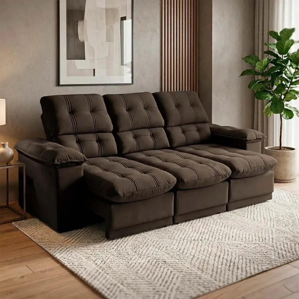 Sofá Retrátil Reclinável Atenas 2,30m Suede Velut Marrom Molas no Assento