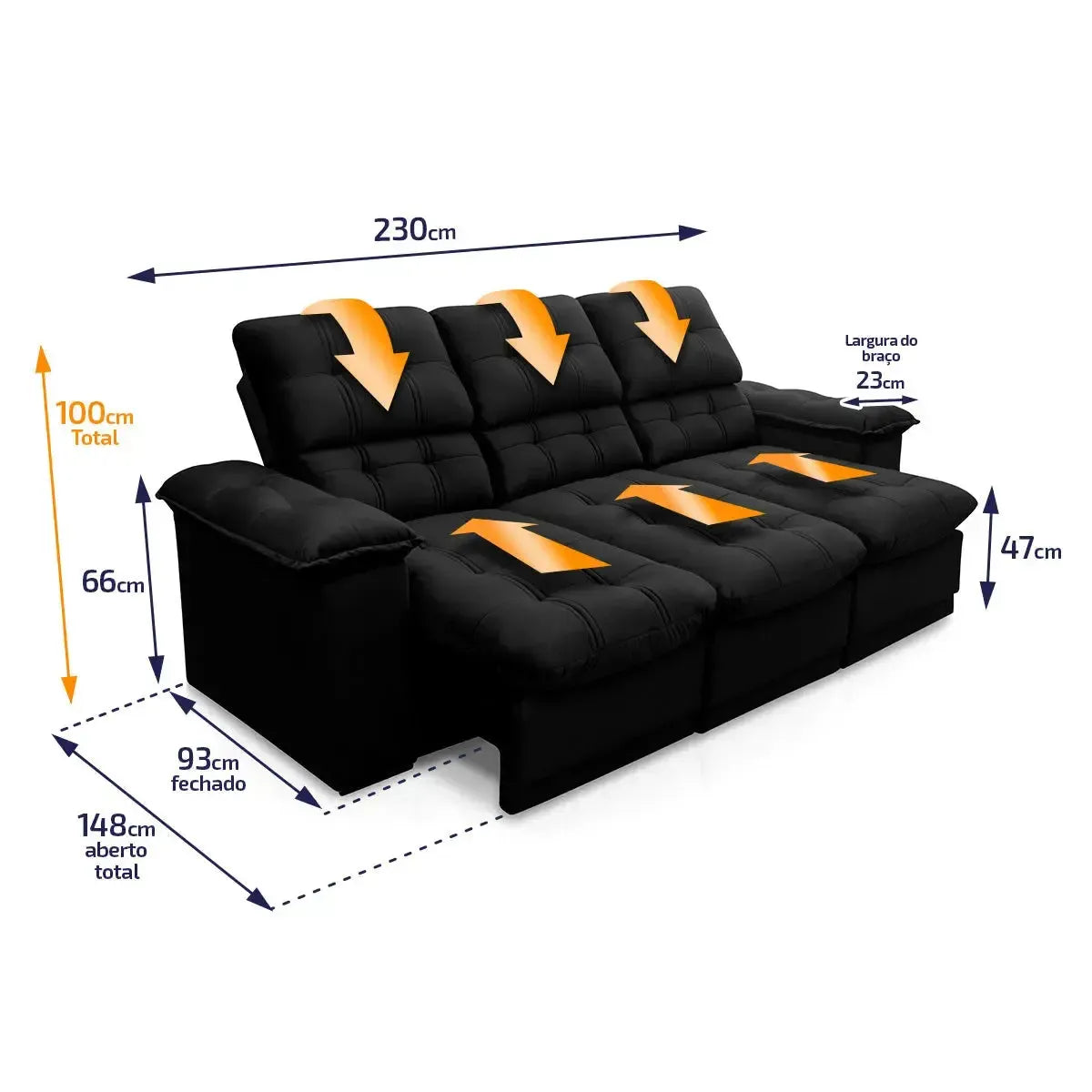Sofá Retrátil Reclinável Atenas 2,30m Suede Velut Preto Molas no Assento