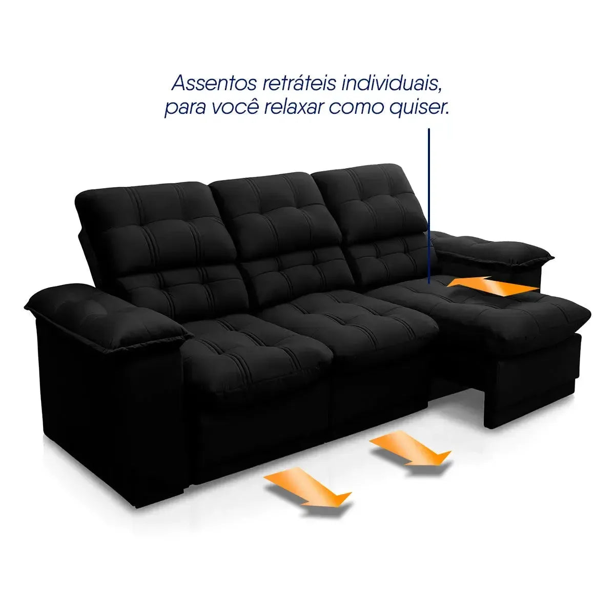 Sofá Retrátil Reclinável Atenas 2,30m Suede Velut Preto Molas no Assento