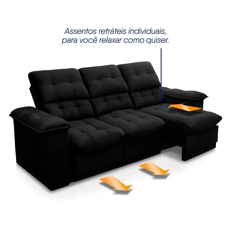 Sofá Retrátil Reclinável Atenas 2,30m Suede Velut Preto Molas no Assento