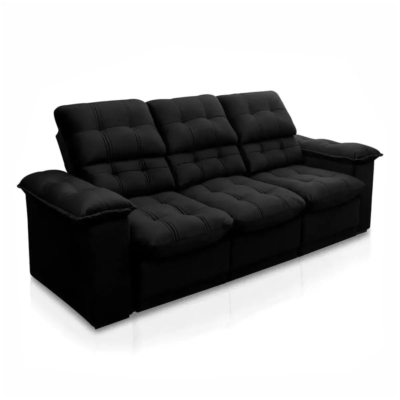 Sofá Retrátil Reclinável Atenas 2,30m Suede Velut Preto Molas no Assento