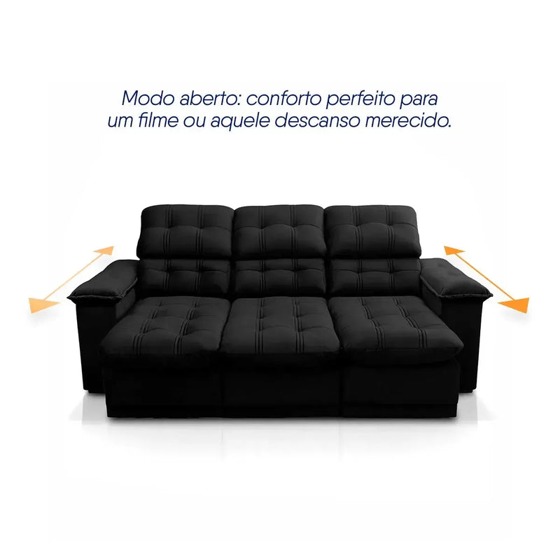 Sofá Retrátil Reclinável Atenas 2,30m Suede Velut Preto Molas no Assento