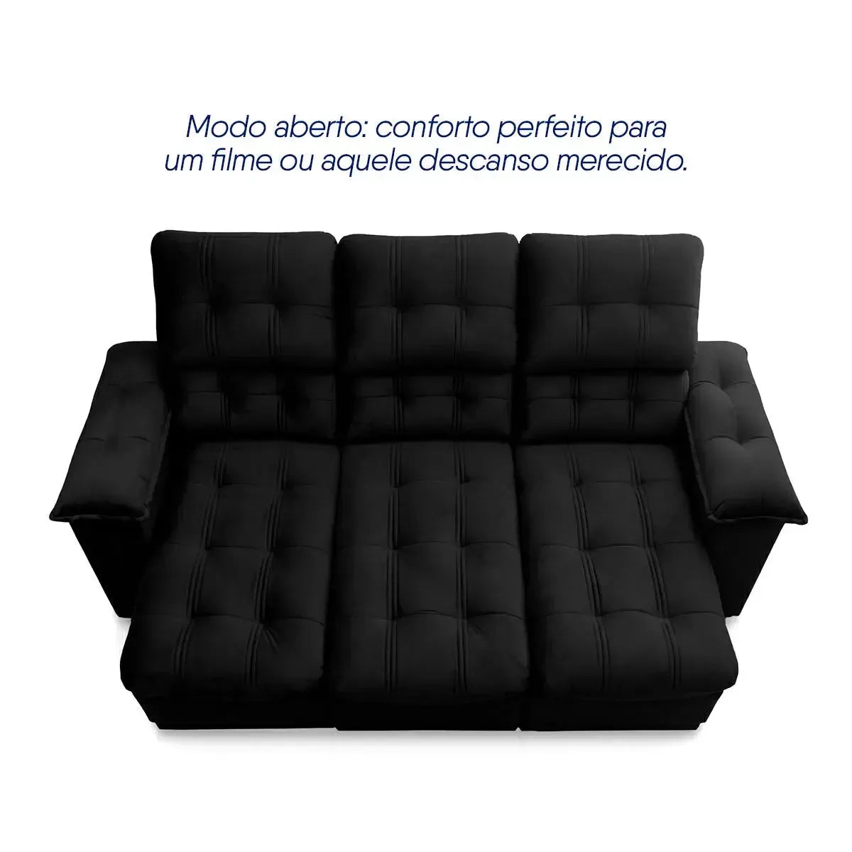 Sofá Retrátil Reclinável Atenas 2,30m Suede Velut Preto Molas no Assento