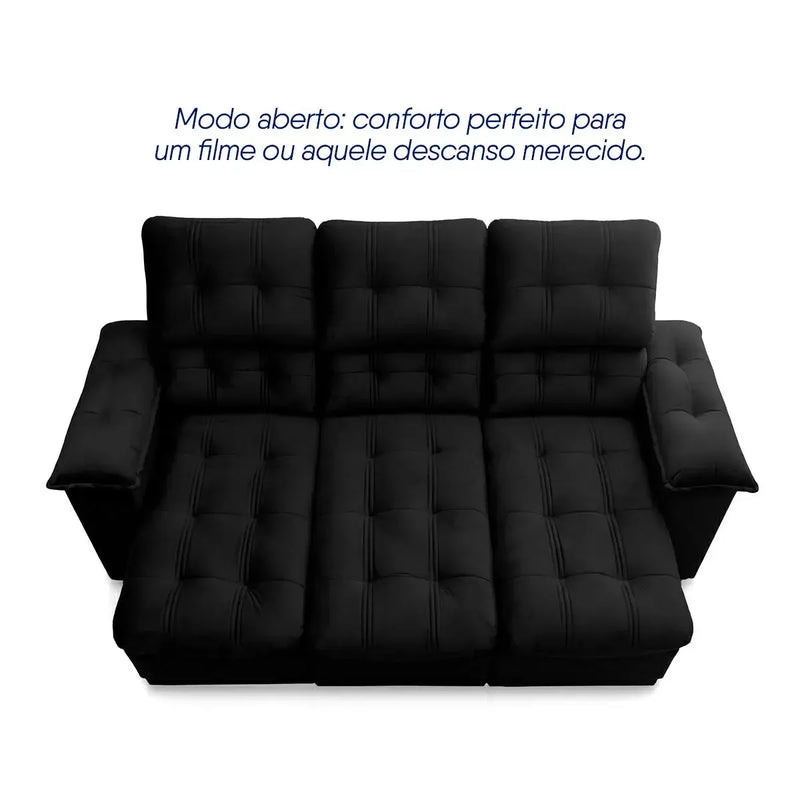Sofá Retrátil Reclinável Atenas 2,30m Suede Velut Preto Molas no Assento