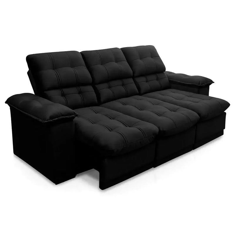 Sofá Retrátil Reclinável Atenas 2,30m Suede Velut Preto Molas no Assento