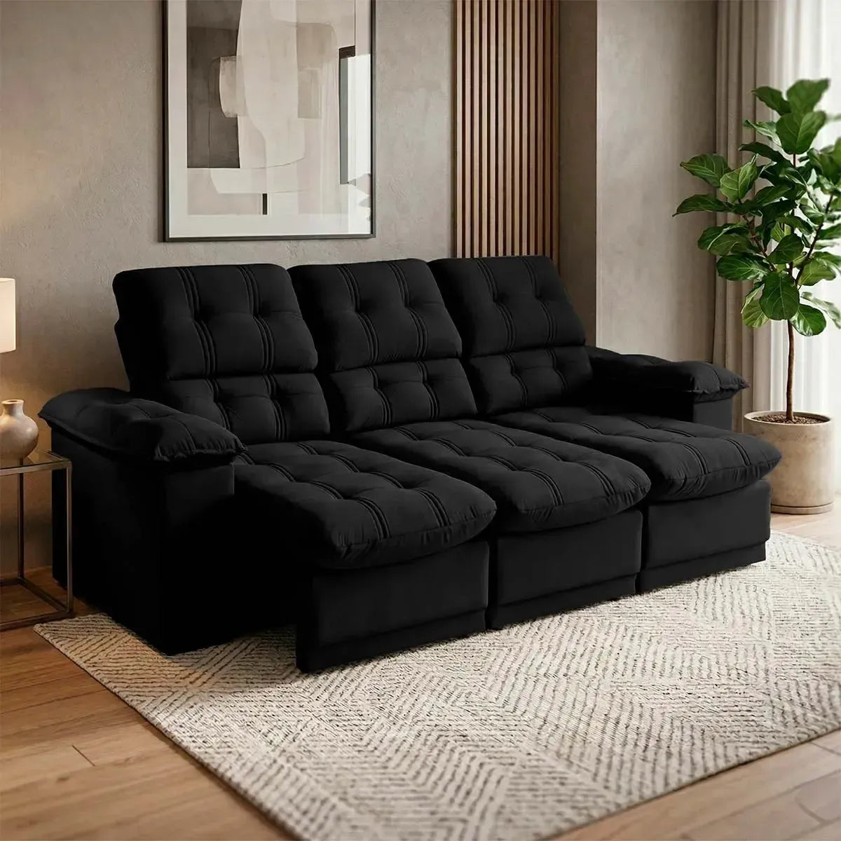 Sofá Retrátil Reclinável Atenas 2,30m Suede Velut Preto Molas no Assento