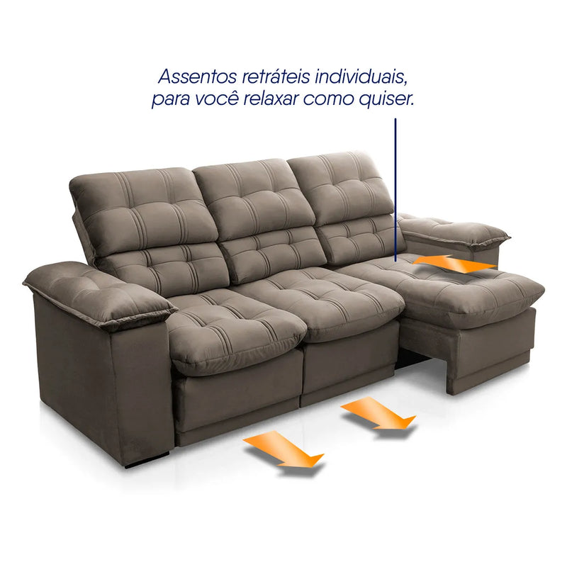 Sofá Retrátil Reclinável Atenas 2,30m Suede Velut Tabaco Molas no Assento
