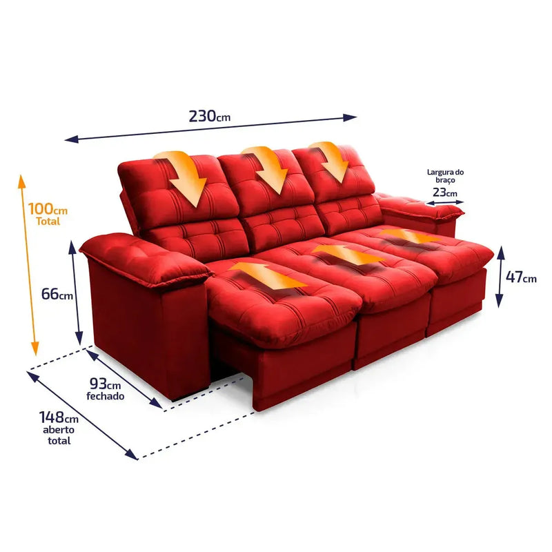Sofá Retrátil Reclinável Atenas 2,30m Suede Velut Vermelho Molas no Assento