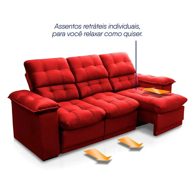 Sofá Retrátil Reclinável Atenas 2,30m Suede Velut Vermelho Molas no Assento