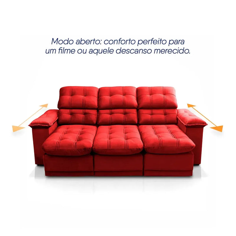 Sofá Retrátil Reclinável Atenas 2,30m Suede Velut Vermelho Molas no Assento