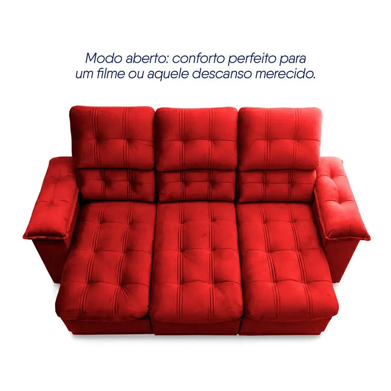 Sofá Retrátil Reclinável Atenas 2,30m Suede Velut Vermelho Molas no Assento