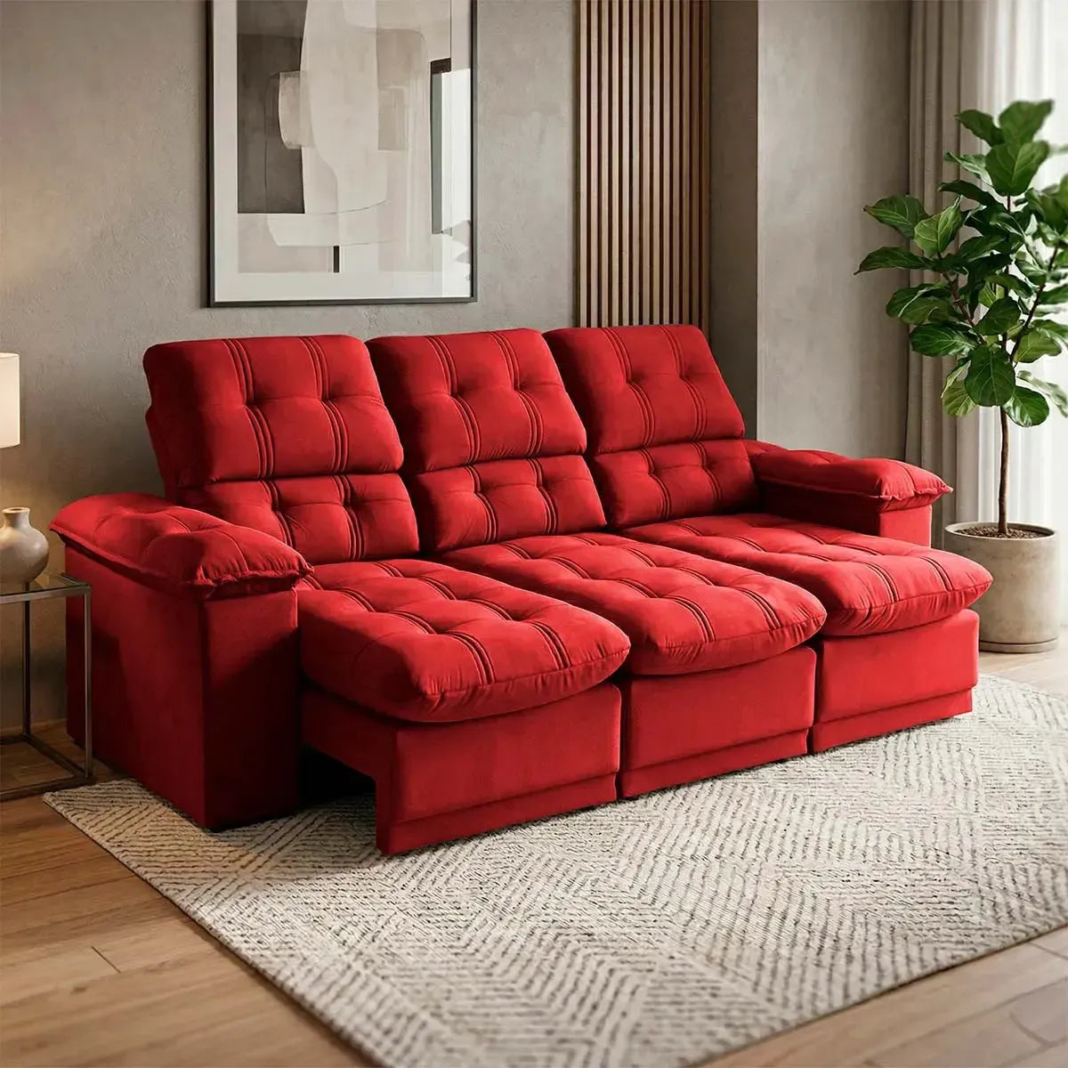 Sofá Retrátil Reclinável Atenas 2,30m Suede Velut Vermelho Molas no Assento