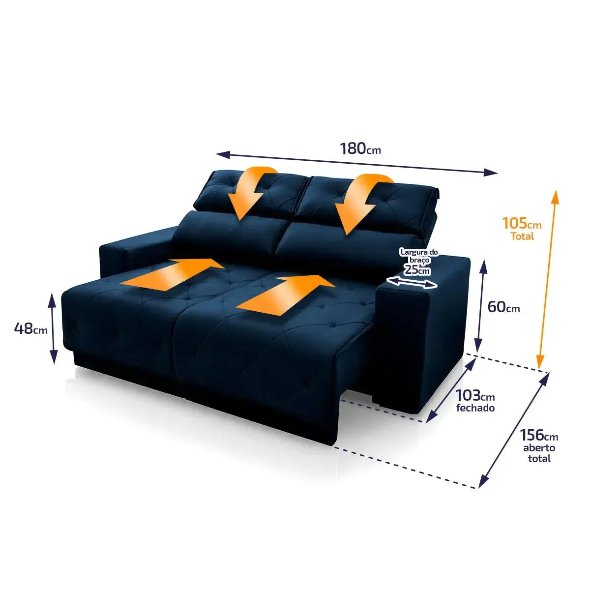 Sofá Retrátil Reclinável Belga 1,80m Suede Velut Azul Molas no Assento