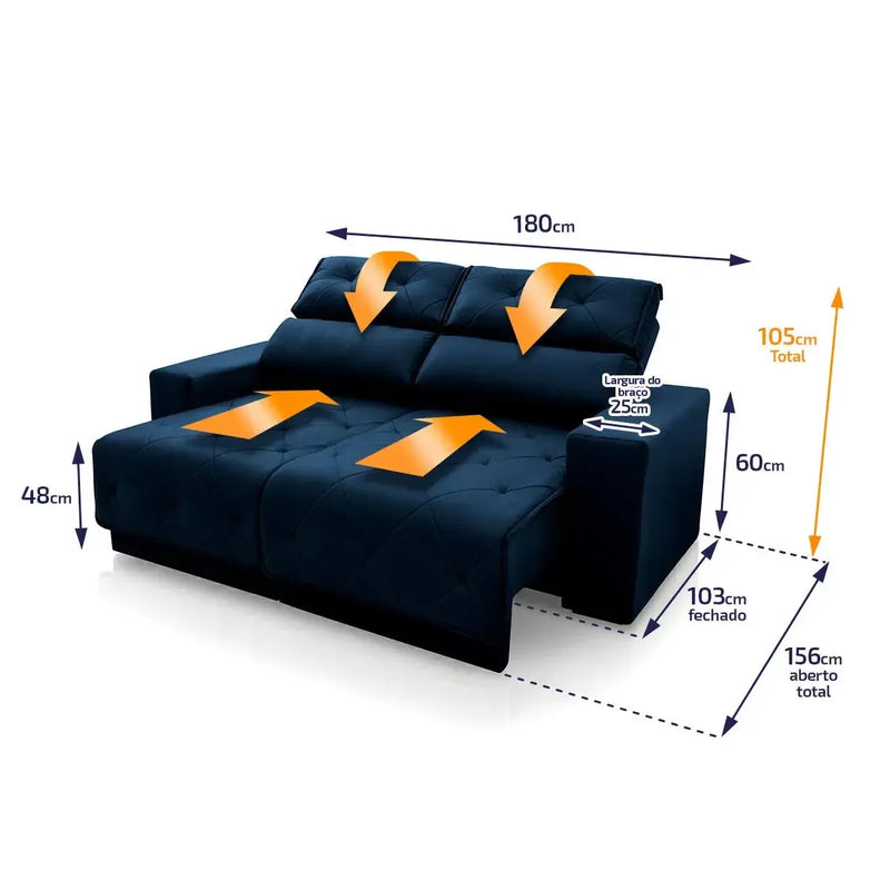 Sofá Retrátil Reclinável Belga 1,80m Suede Velut Azul Molas no Assento