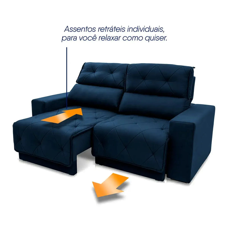 Sofá Retrátil Reclinável Belga 1,80m Suede Velut Azul Molas no Assento