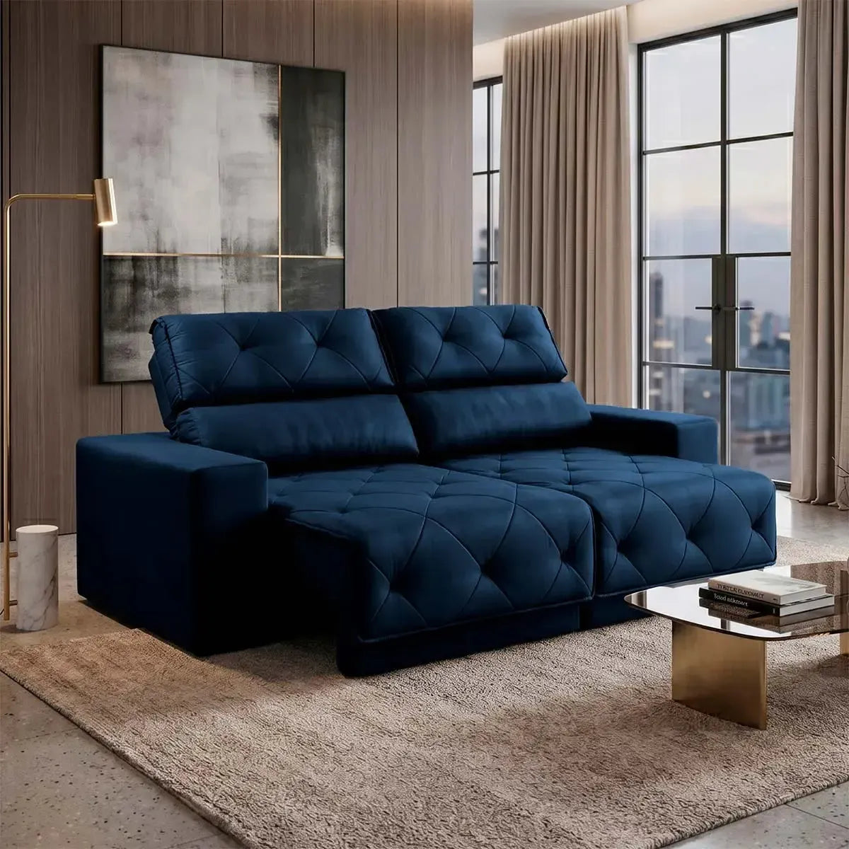 Sofá Retrátil Reclinável Belga 1,80m Suede Velut Azul Molas no Assento