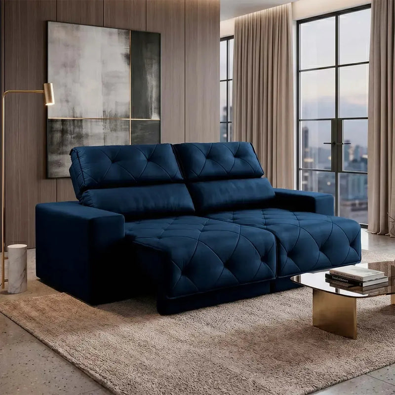 Sofá Retrátil Reclinável Belga 1,80m Suede Velut Azul Molas no Assento