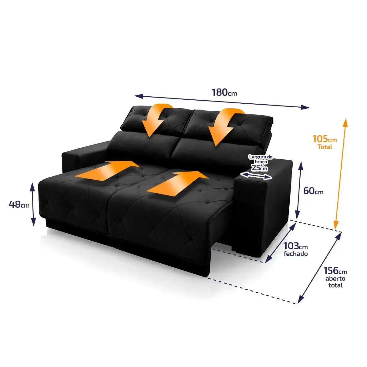Sofá Retrátil Reclinável Belga 1,80m Suede Velut Preto Molas no Assento