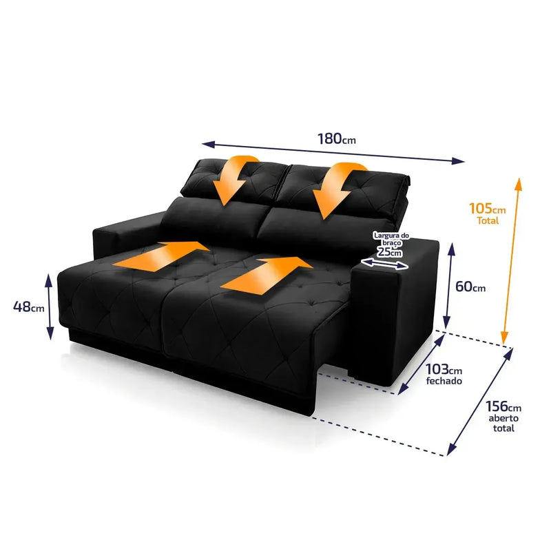 Sofá Retrátil Reclinável Belga 1,80m Suede Velut Preto Molas no Assento
