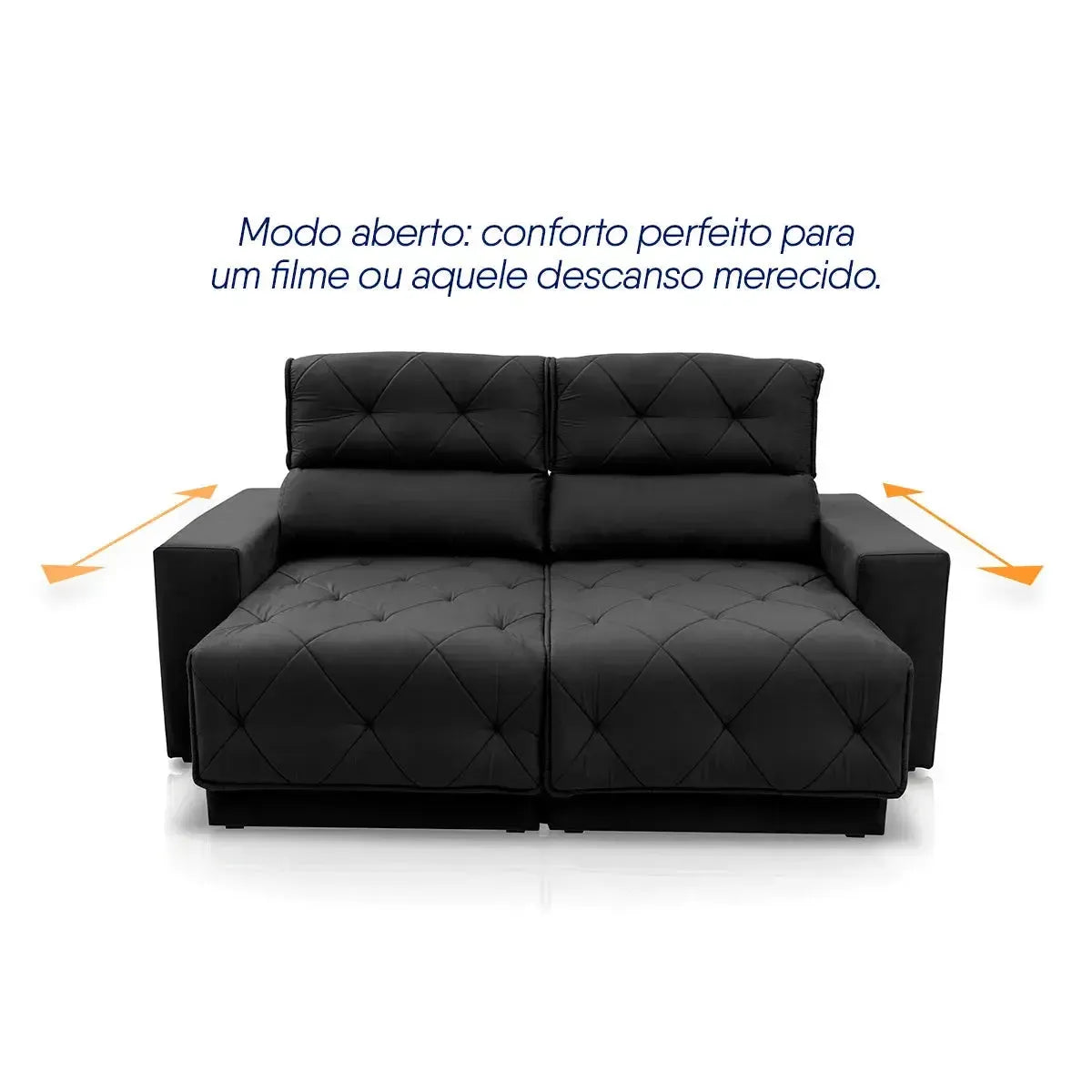Sofá Retrátil Reclinável Belga 1,80m Suede Velut Preto Molas no Assento