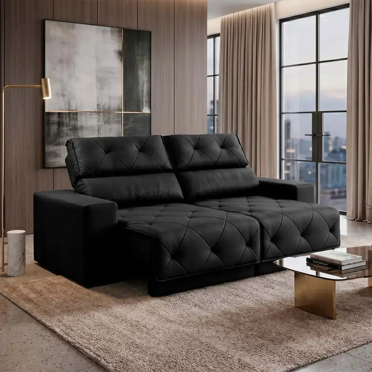 Sofá Retrátil Reclinável Belga 1,80m Suede Velut Preto Molas no Assento