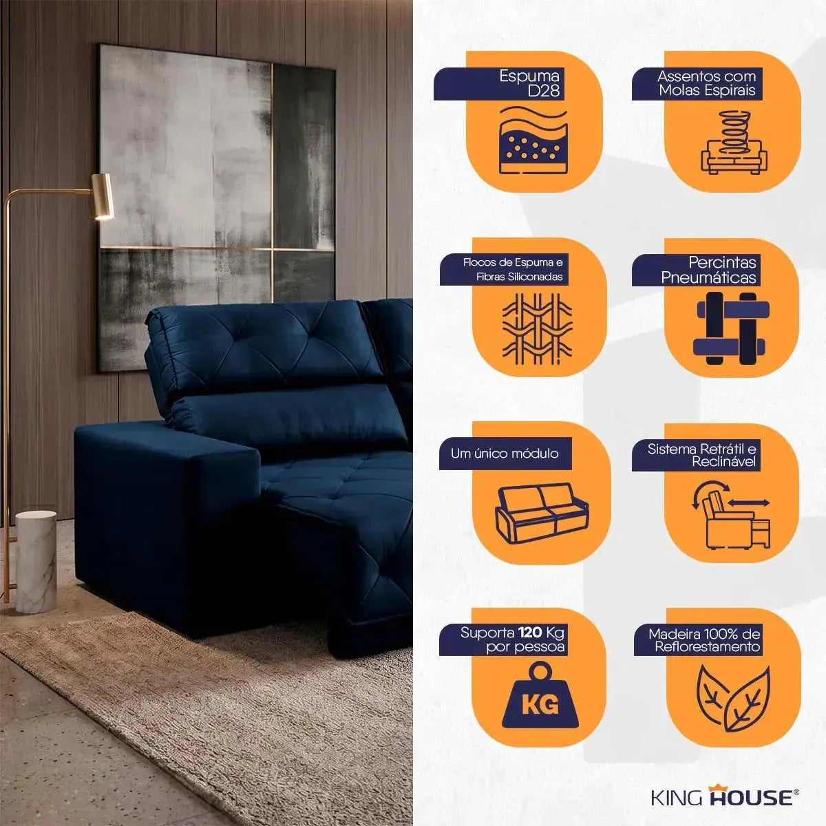 Sofá Retrátil Reclinável Belga 2,00m Suede Velut Azul Molas no Assento