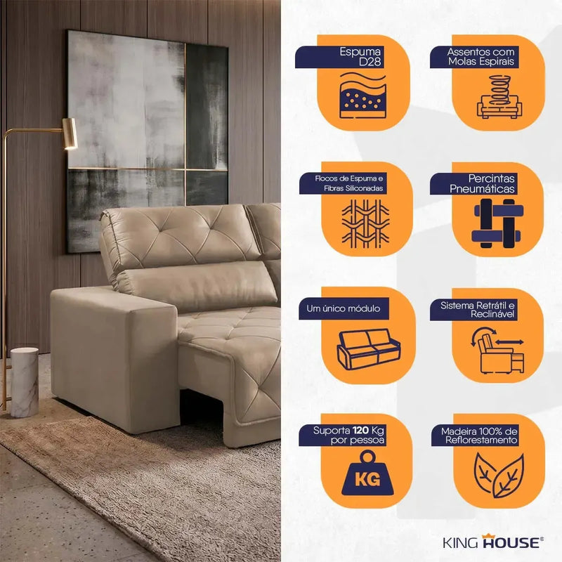 Sofá Retrátil Reclinável Belga 2,00m Suede Velut Bege Molas no Assento