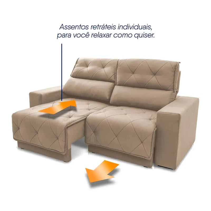 Sofá Retrátil Reclinável Belga 2,00m Suede Velut Bege Molas no Assento