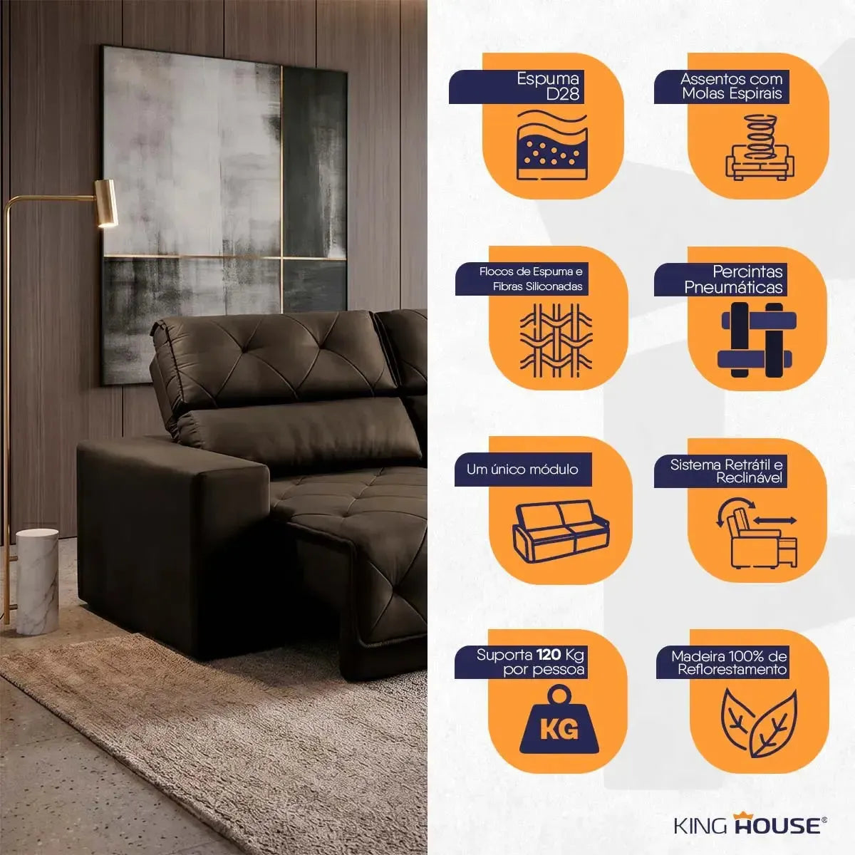 Sofá Retrátil Reclinável Belga 2,00m Suede Velut Marrom Molas no Assento