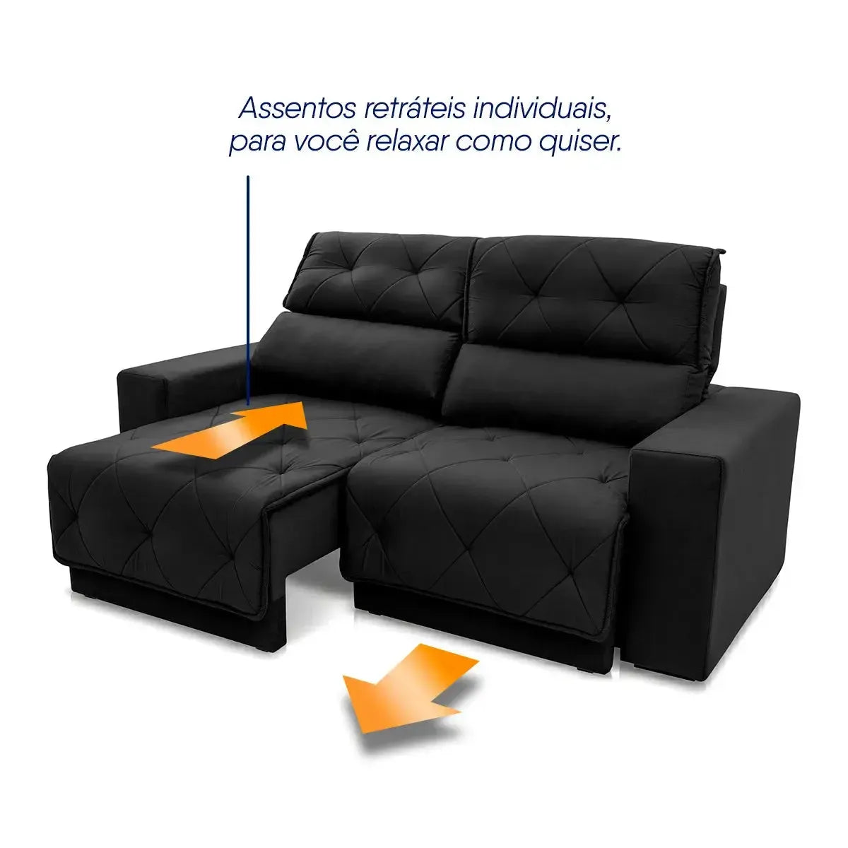 Sofá Retrátil Reclinável Belga 2,00m Suede Velut Preto Molas no Assento
