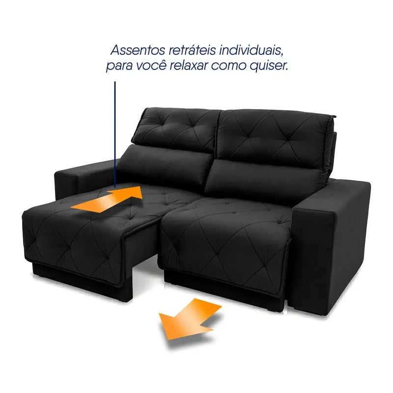 Sofá Retrátil Reclinável Belga 2,00m Suede Velut Preto Molas no Assento