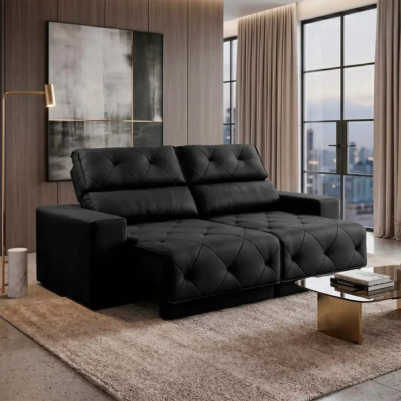 Sofá Retrátil Reclinável Belga 2,00m Suede Velut Preto Molas no Assento