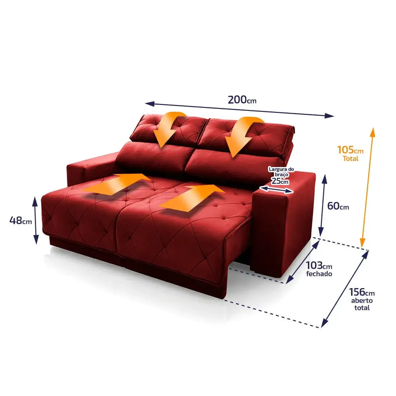 Sofá Retrátil Reclinável Belga 2,00m Suede Velut Vermelho Molas no Assento