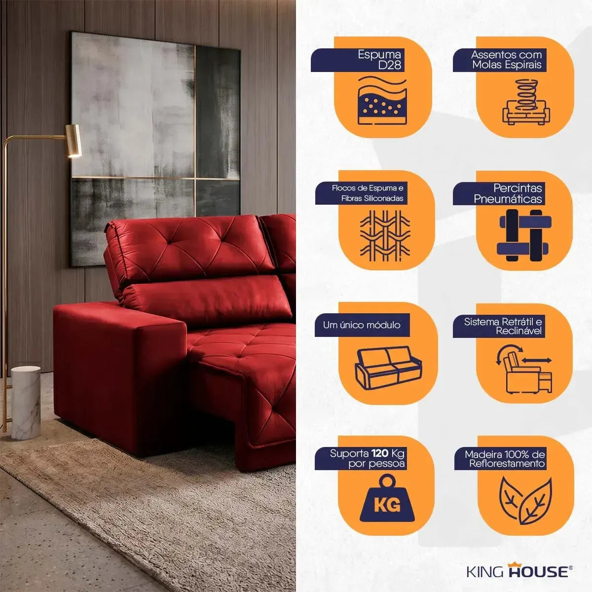 Sofá Retrátil Reclinável Belga 2,00m Suede Velut Vermelho Molas no Assento