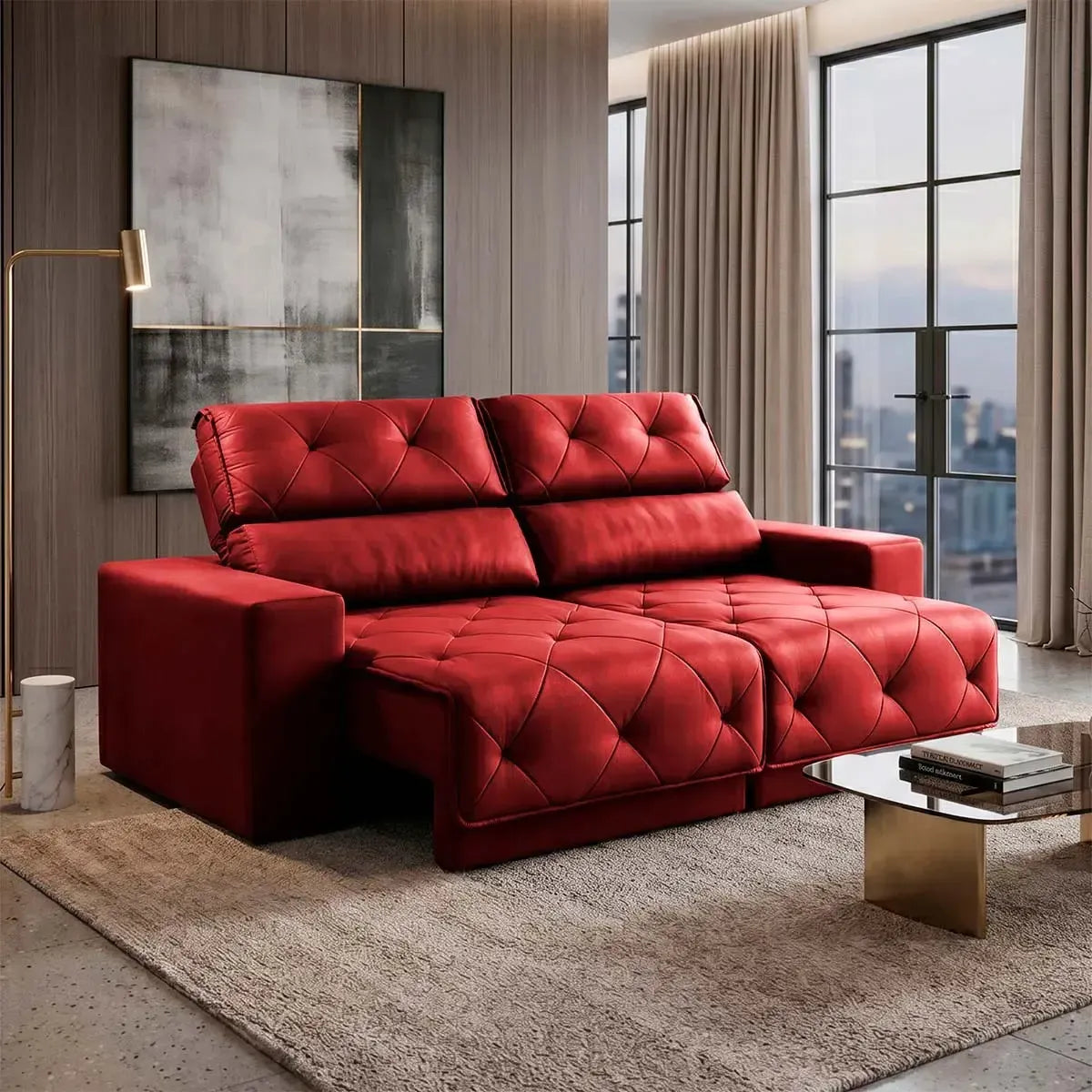 Sofá Retrátil Reclinável Belga 2,00m Suede Velut Vermelho Molas no Assento