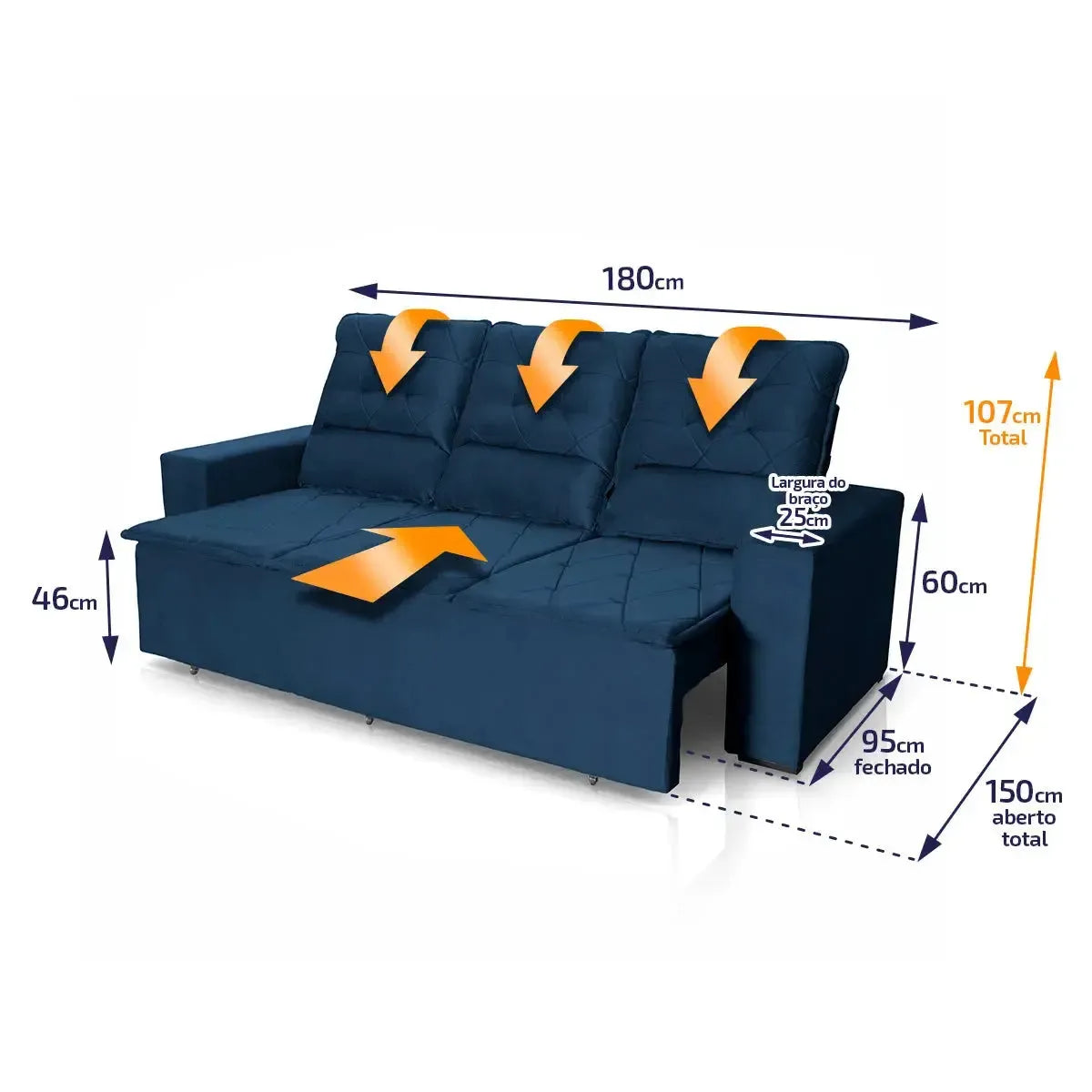 Sofá Retrátil Reclinável Europa 1,80m Suede Velut Azul Com Molas