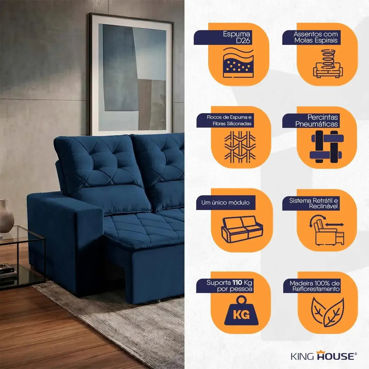 Sofá Retrátil Reclinável Europa 1,80m Suede Velut Azul Com Molas