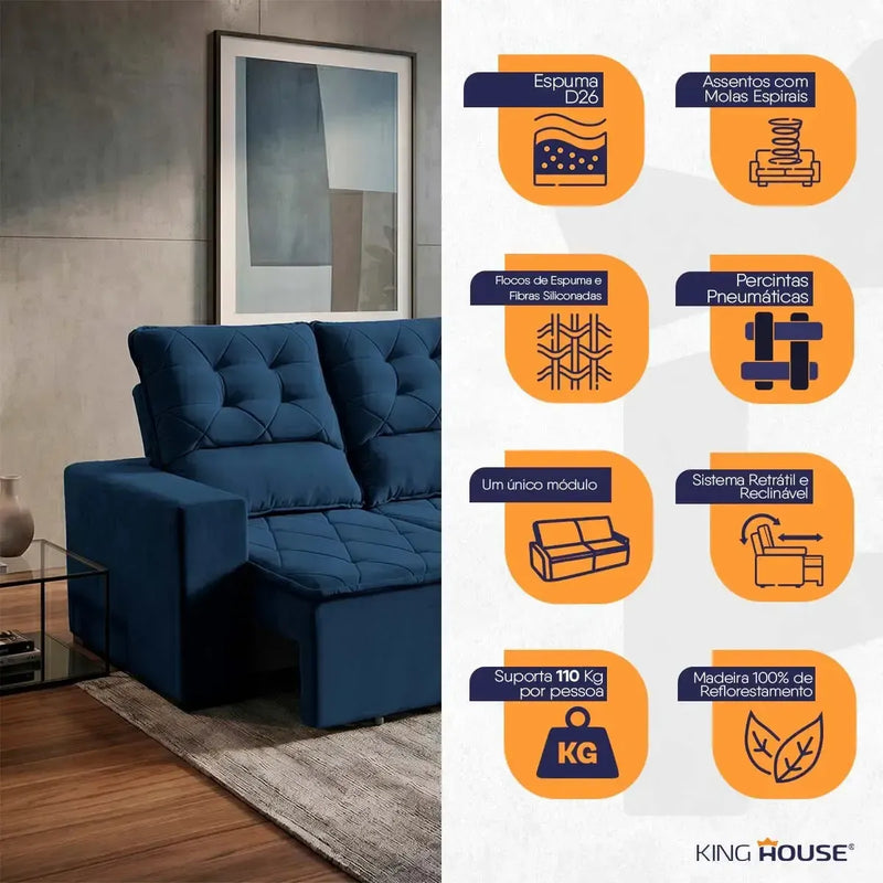 Sofá Retrátil Reclinável Europa 1,80m Suede Velut Azul Com Molas
