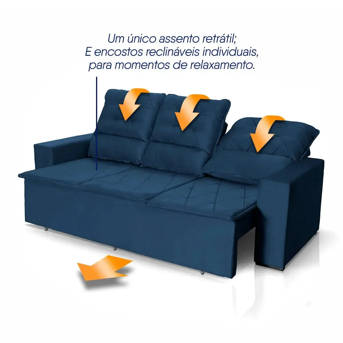 Sofá Retrátil Reclinável Europa 1,80m Suede Velut Azul Com Molas