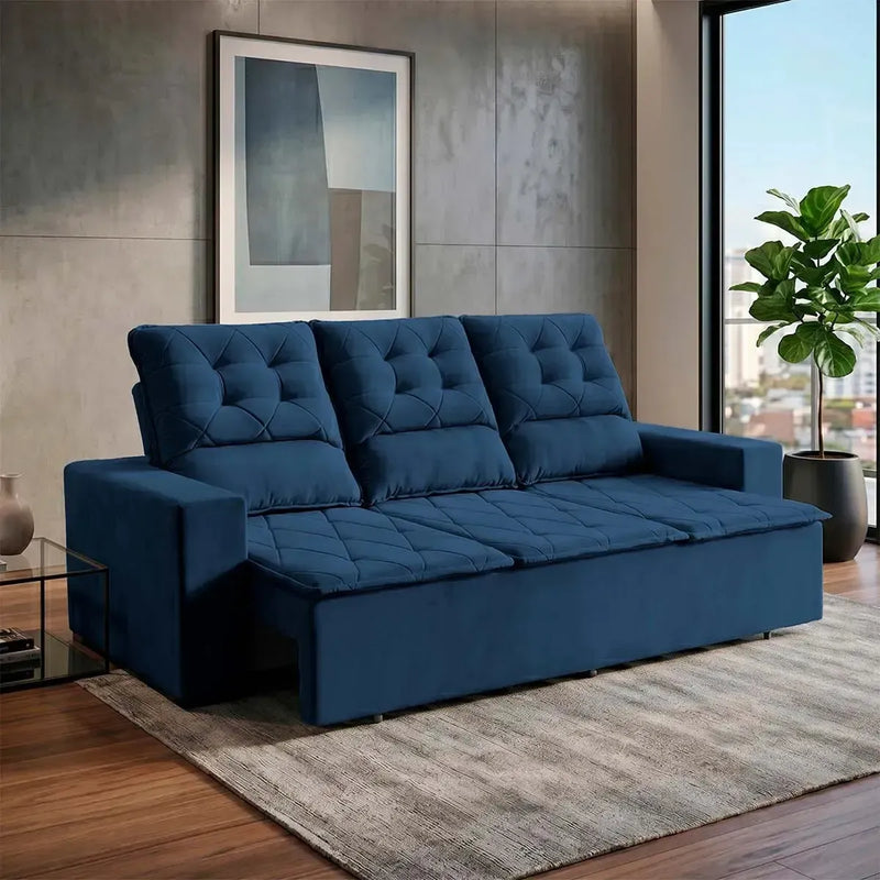 Sofá Retrátil Reclinável Europa 1,80m Suede Velut Azul Com Molas