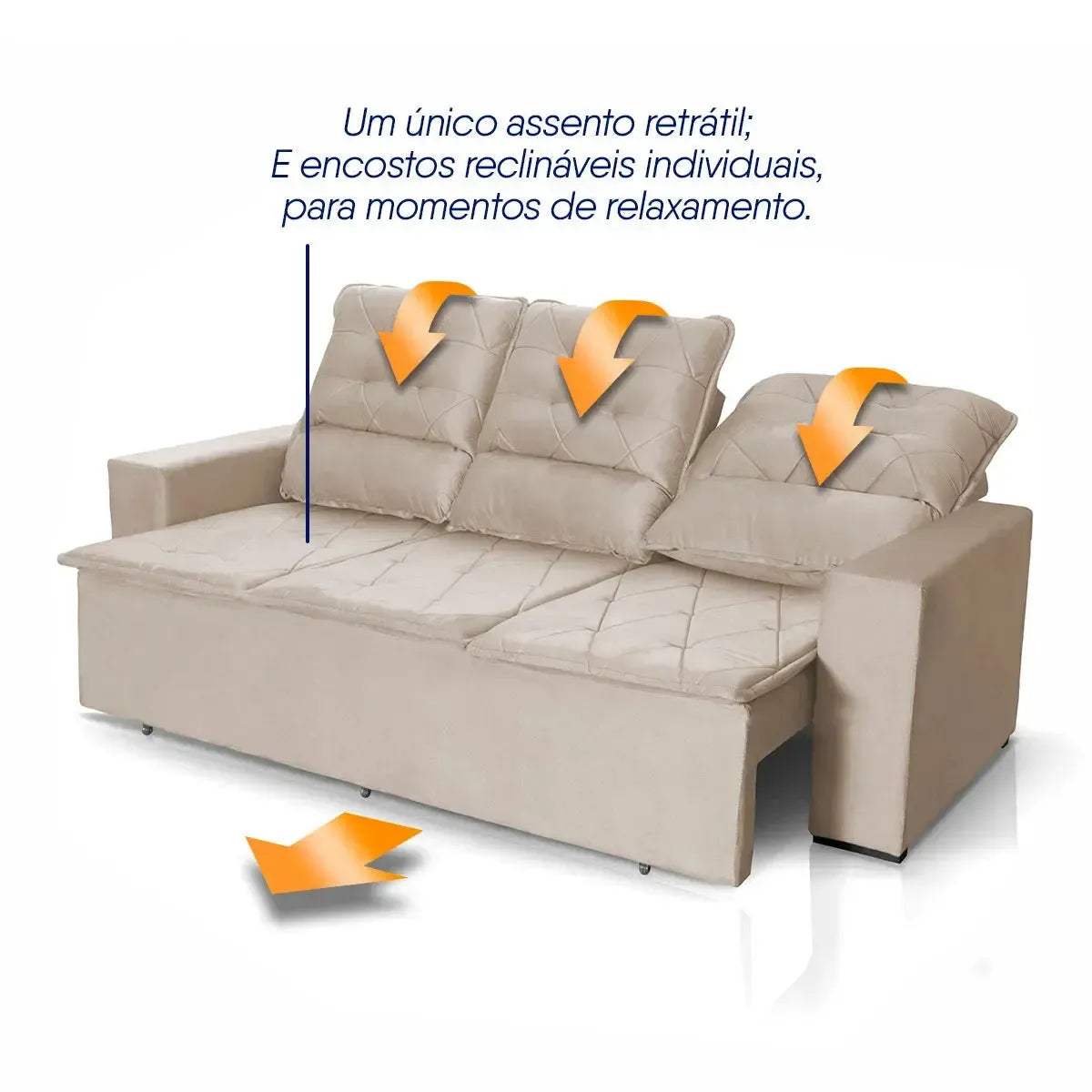 Sofá Retrátil Reclinável Europa 1,80m Suede Velut Bege Com Molas