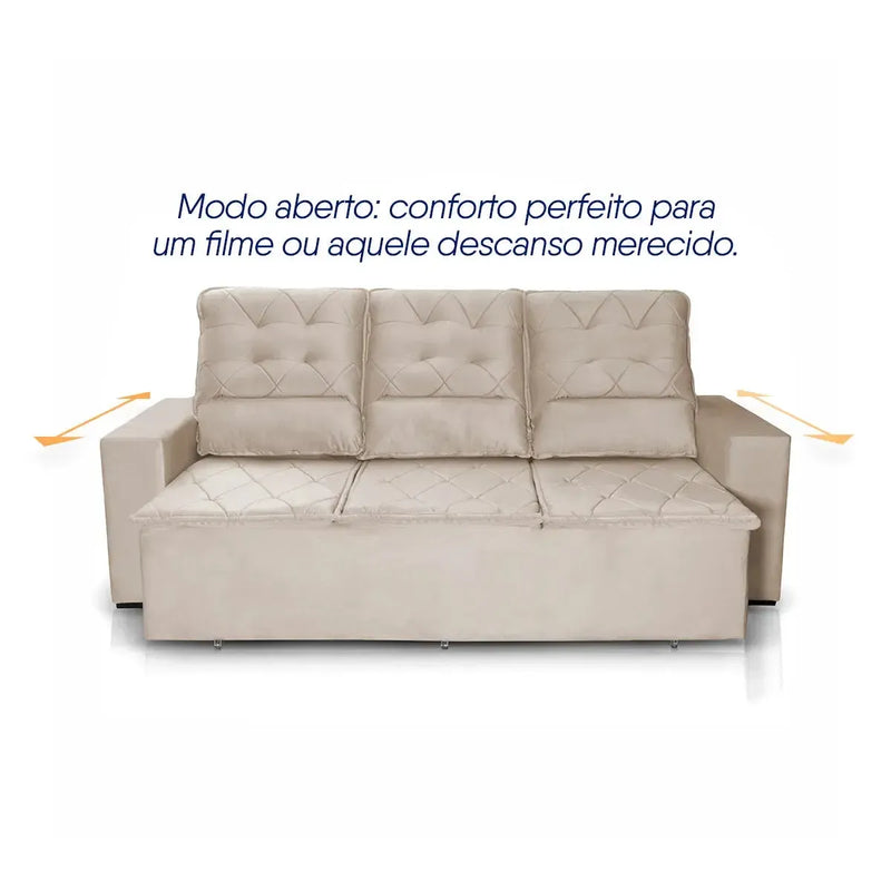 Sofá Retrátil Reclinável Europa 1,80m Suede Velut Bege Com Molas
