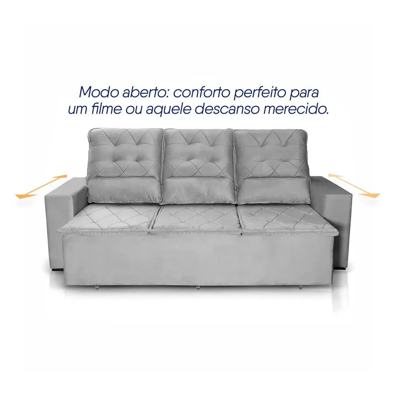 Sofá Retrátil Reclinável Europa 1,80m Suede Velut Cinza Com Molas