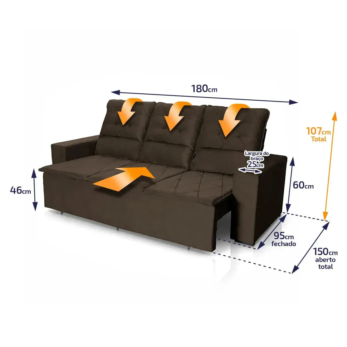 Sofá Retrátil Reclinável Europa 1,80m Suede Velut Marrom Com Molas