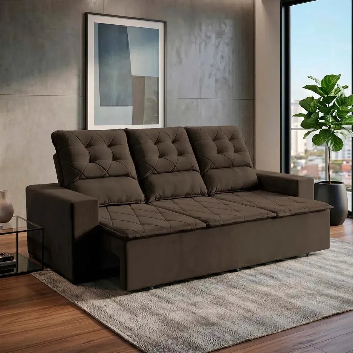 Sofá Retrátil Reclinável Europa 1,80m Suede Velut Marrom Com Molas